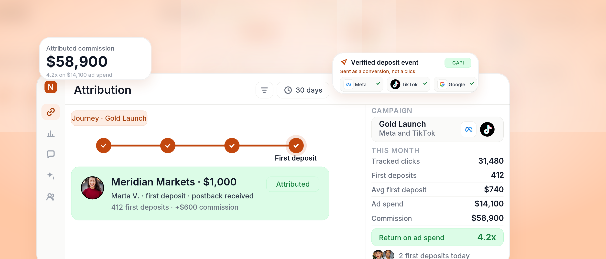 example of an ad click tracked to a telegram join and an attributed broker commission
