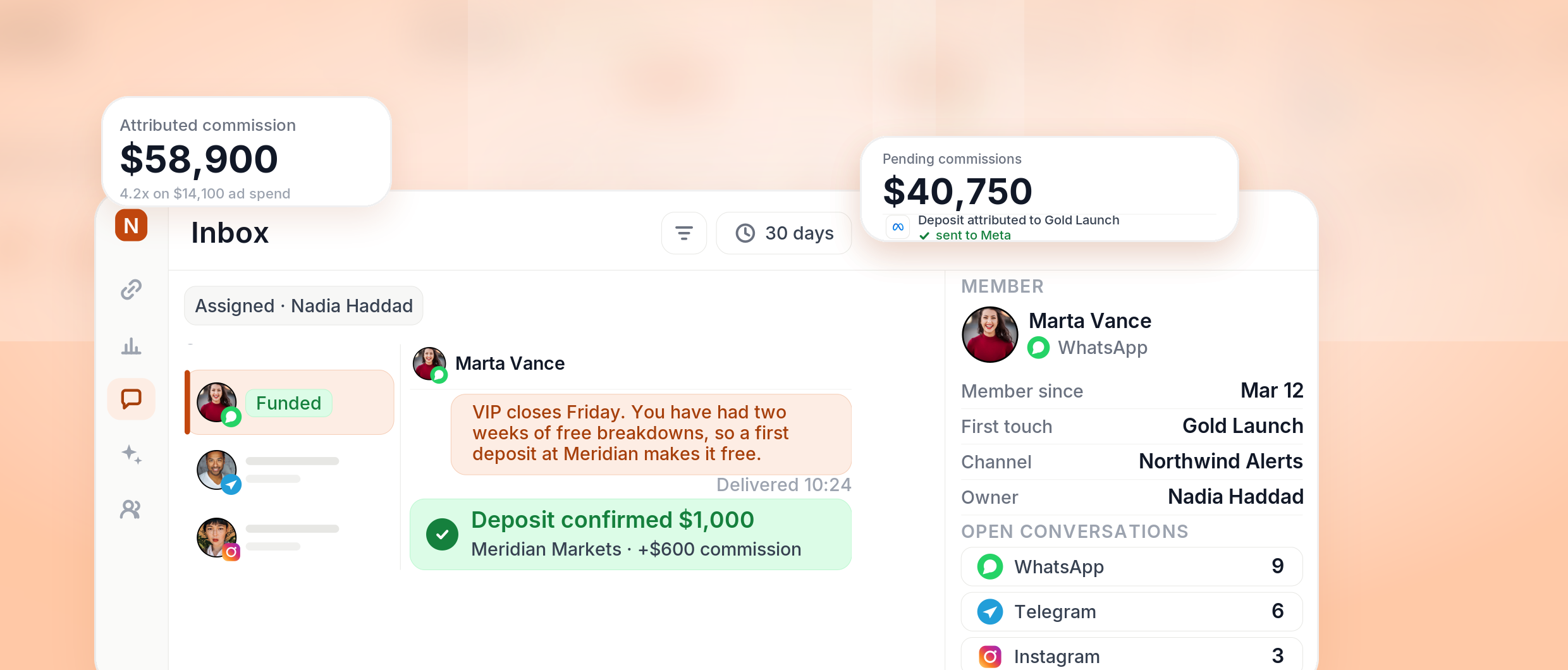 example of a whatsapp conversation closing on a funded account and a paid commission