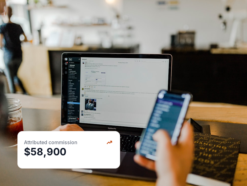 visual showing a group owner checking messages beside $58,900 of commission
