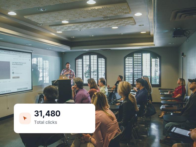 visual showing a coach presenting to a group beside 31,480 tracked clicks