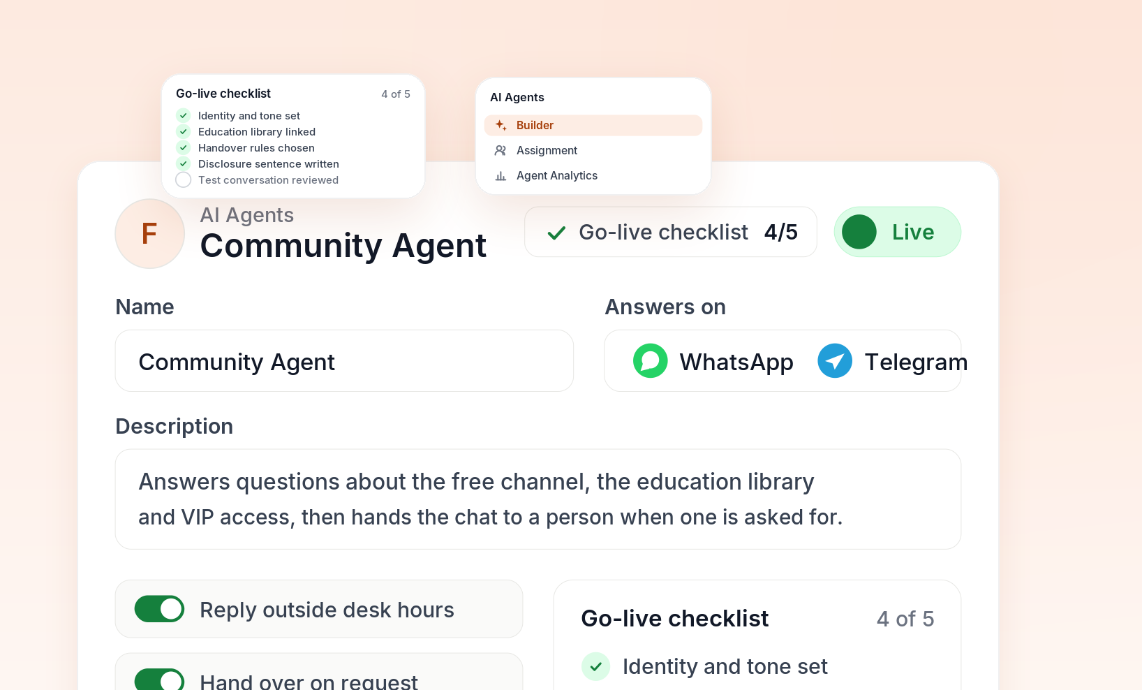 visual showing an ai agent named front desk agent live with a 4 of 5 checklist