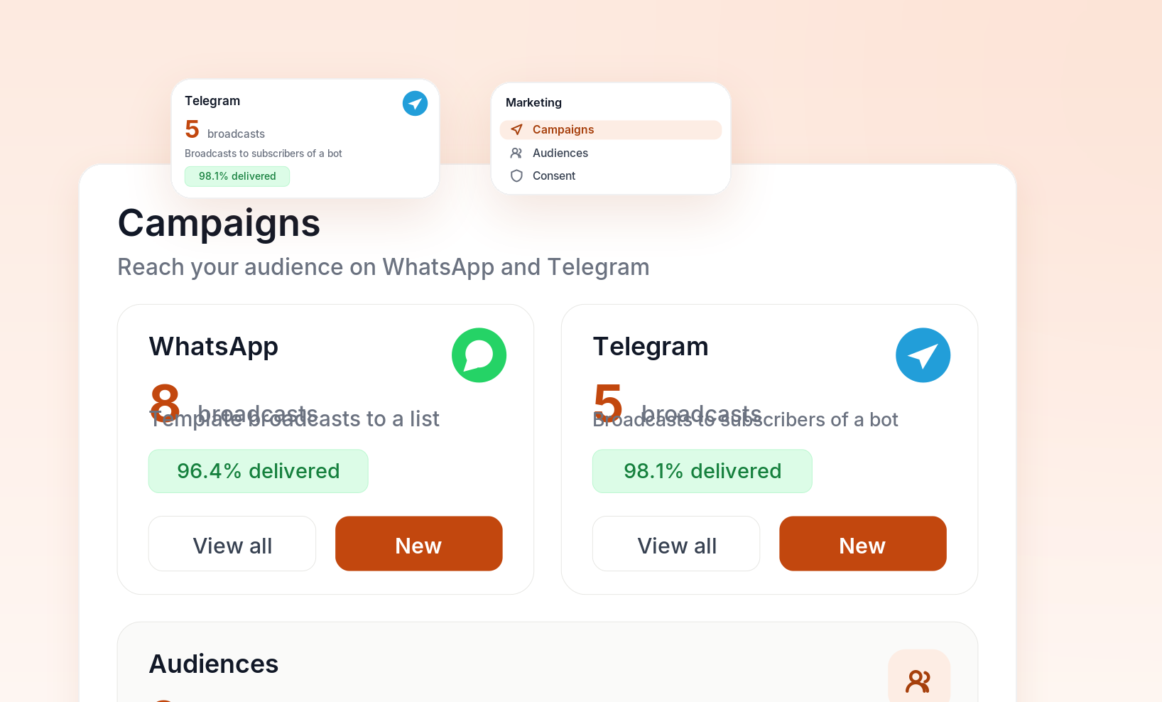 example of a campaigns hub with 8 whatsapp and 5 telegram broadcasts queued