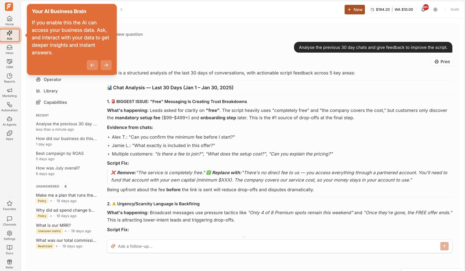 ASK answering a business question with sourced metrics
