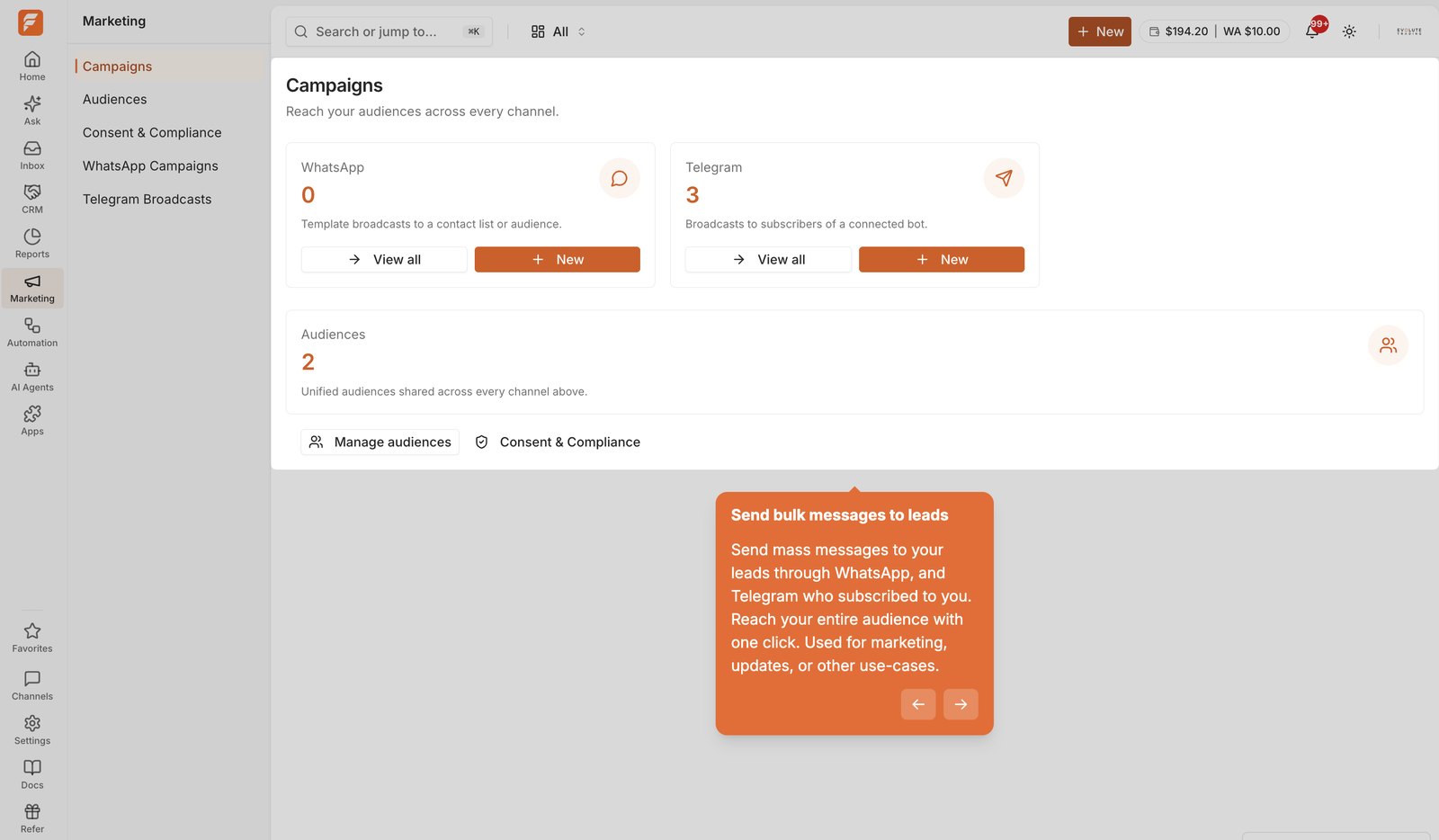 FlowTracker broadcast campaigns across WhatsApp and Telegram