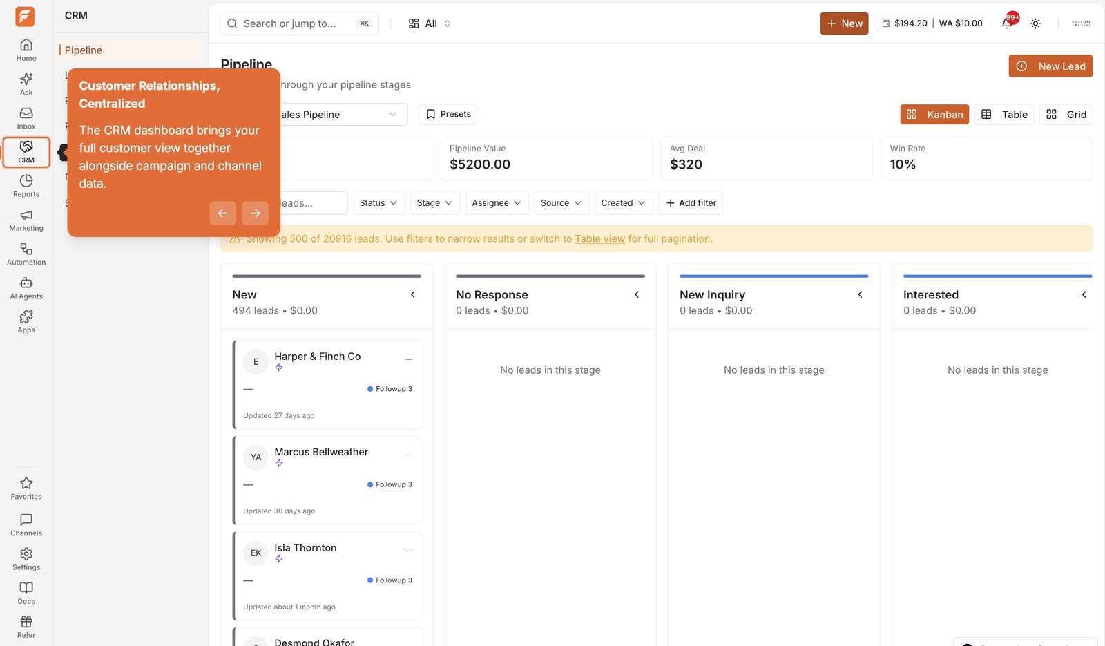 FlowTracker CRM pipeline with deal stages and lead values