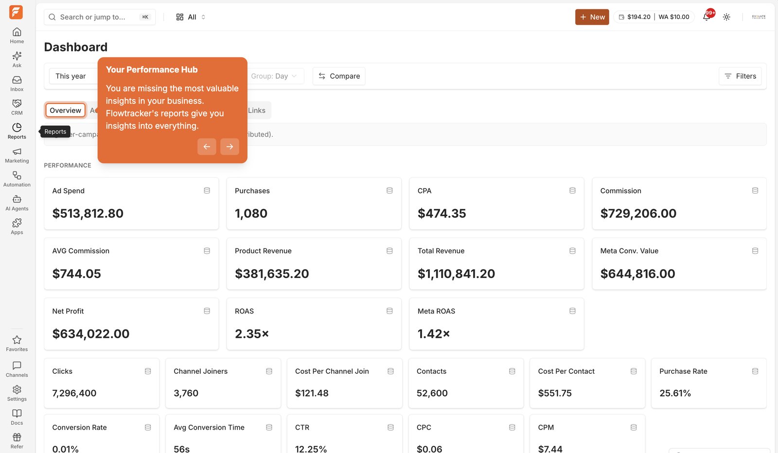 FlowTracker reports dashboard showing ad spend, commission and verified revenue