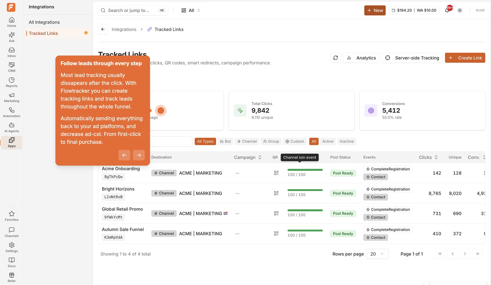 FlowTracker tracked links with clicks, conversions and conversion events per campaign